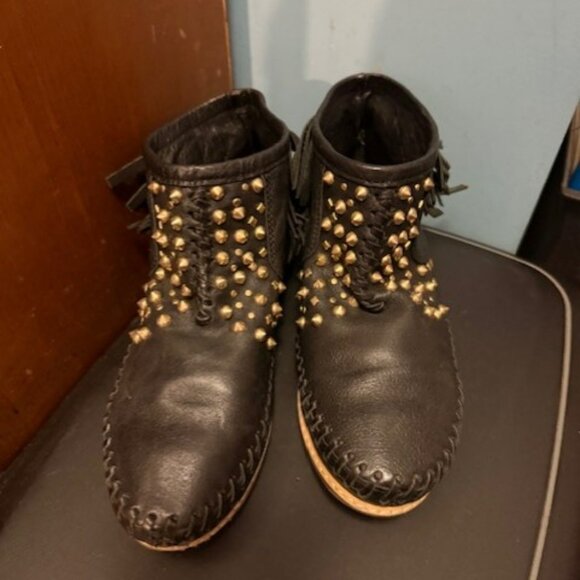 Vintage black leather studded fringe moccasins ankle booties - EU 37 - Picture 3 of 16